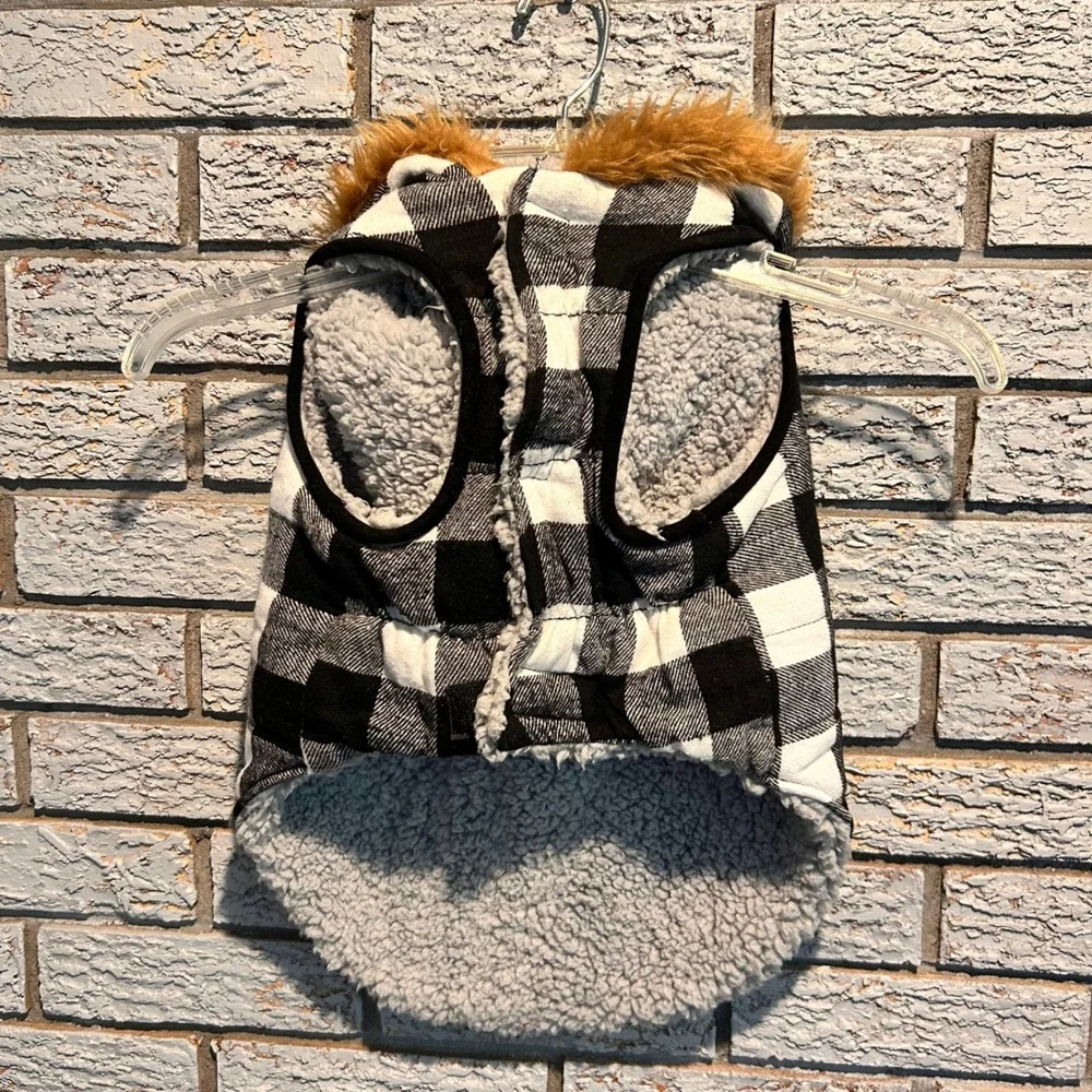 Buffalo Plaid Dog Parka Faux Fur Hood Toggle Vest Black White Medium